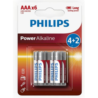 Philips Power Alkaline AAA batteries 6-pack (LR03P6B/40) in blister packaging.