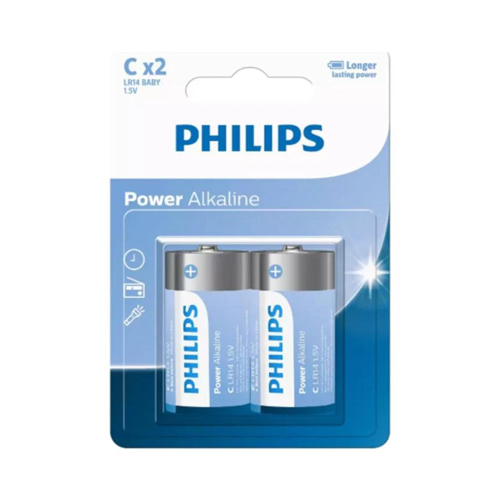 Philips Power Alkaline C batteries CX2 1.5V, pack of 2 in blue blister pack.