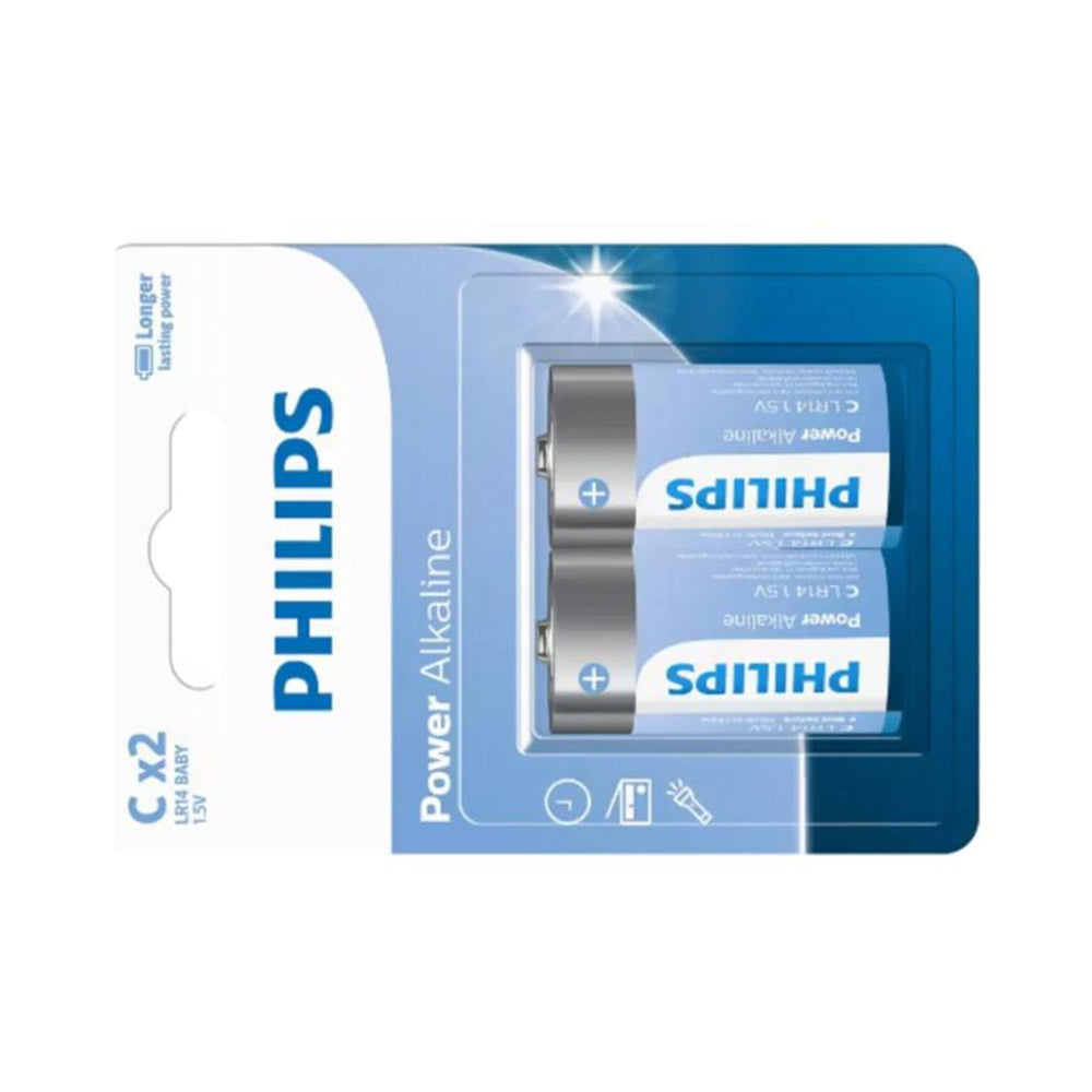 Philips Power Alkaline C Batteries CX2 1.5V, pack of 2 (LR14P2B/40) in blue blister pack