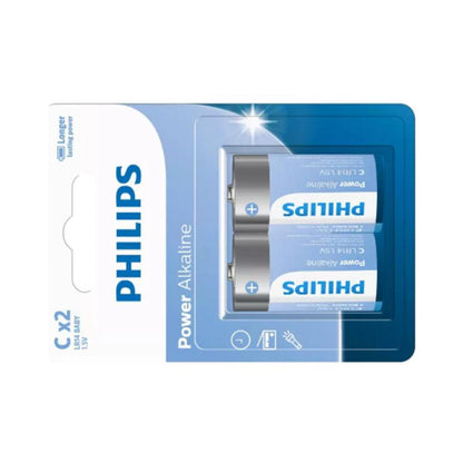 Philips Power Alkaline C Batteries CX2 1.5V, pack of 2 (LR14P2B/40) in blue blister pack