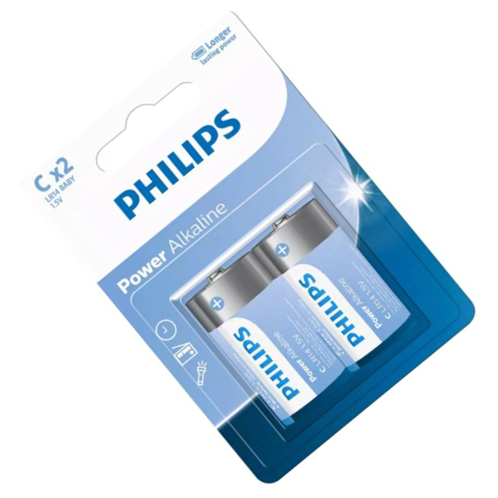 Philips Power Alkaline C batteries CX2 (LR14P2B/40), pack of 2 in blue blister packaging.