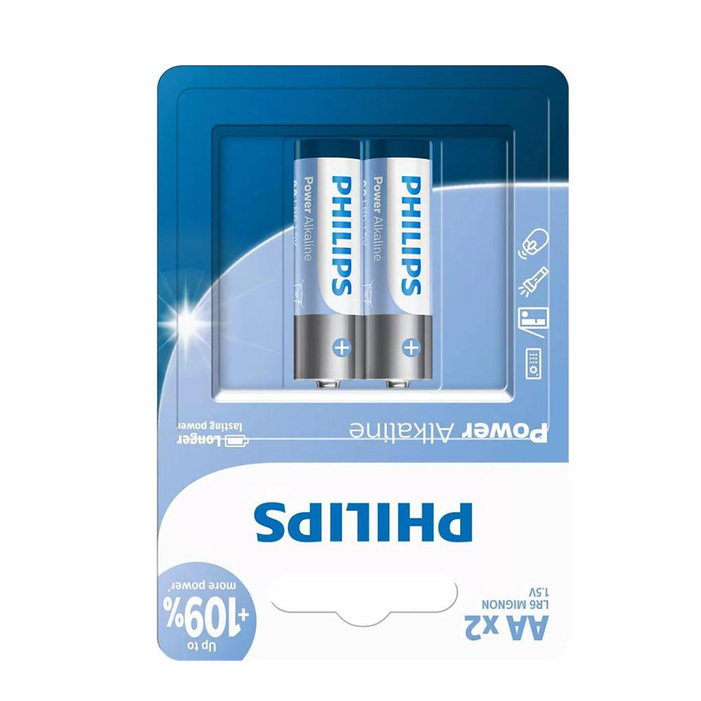 Philips Power Alkaline AA Batteries, 2-pack, 1.5V, 2900mAh (LR6P2B/40) in blister pack