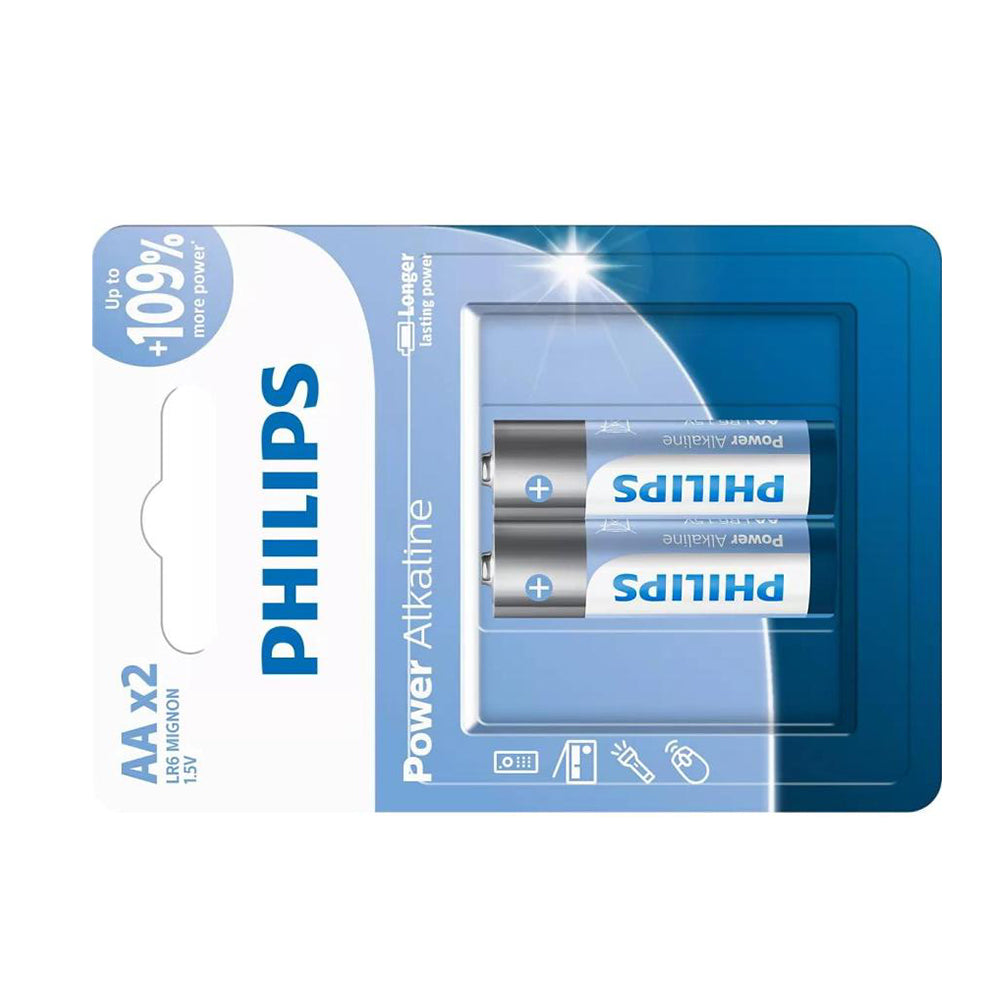 Two Philips Power Alkaline AA batteries in blue blister pack, 1.5V LR6P2B/40, 2900mAh