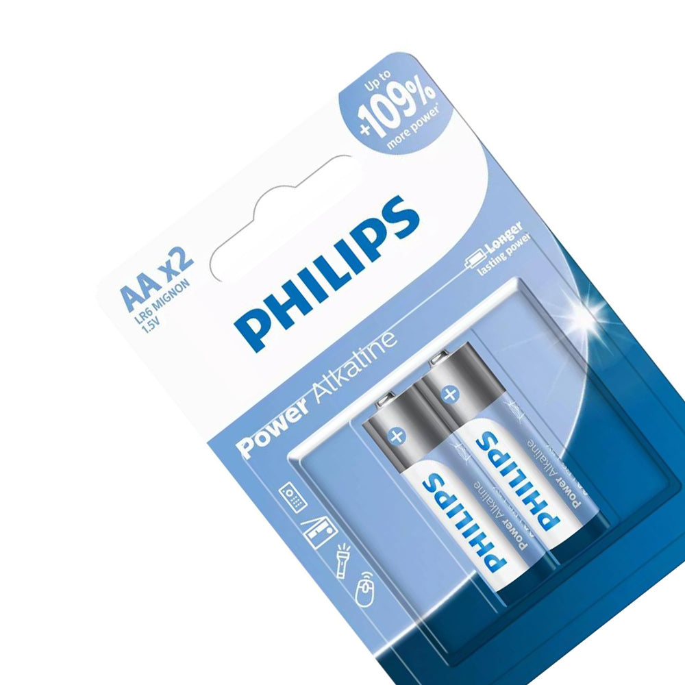Philips Power Alkaline AA Batteries 2 Pack (LR6P2B/40), 1.5V, 2900mAh in blister packaging