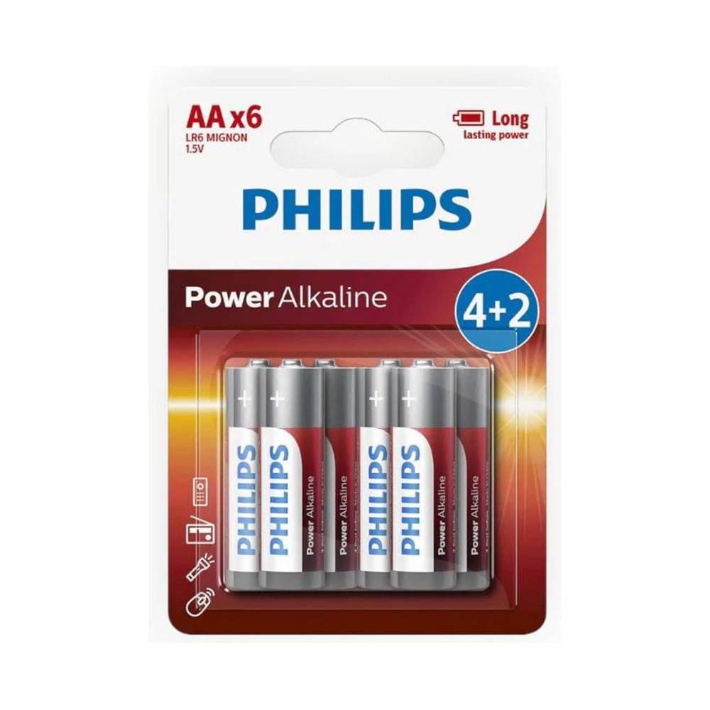 Philips Power Alkaline AA Batteries LR6P6B/40, 6-pack blister pack