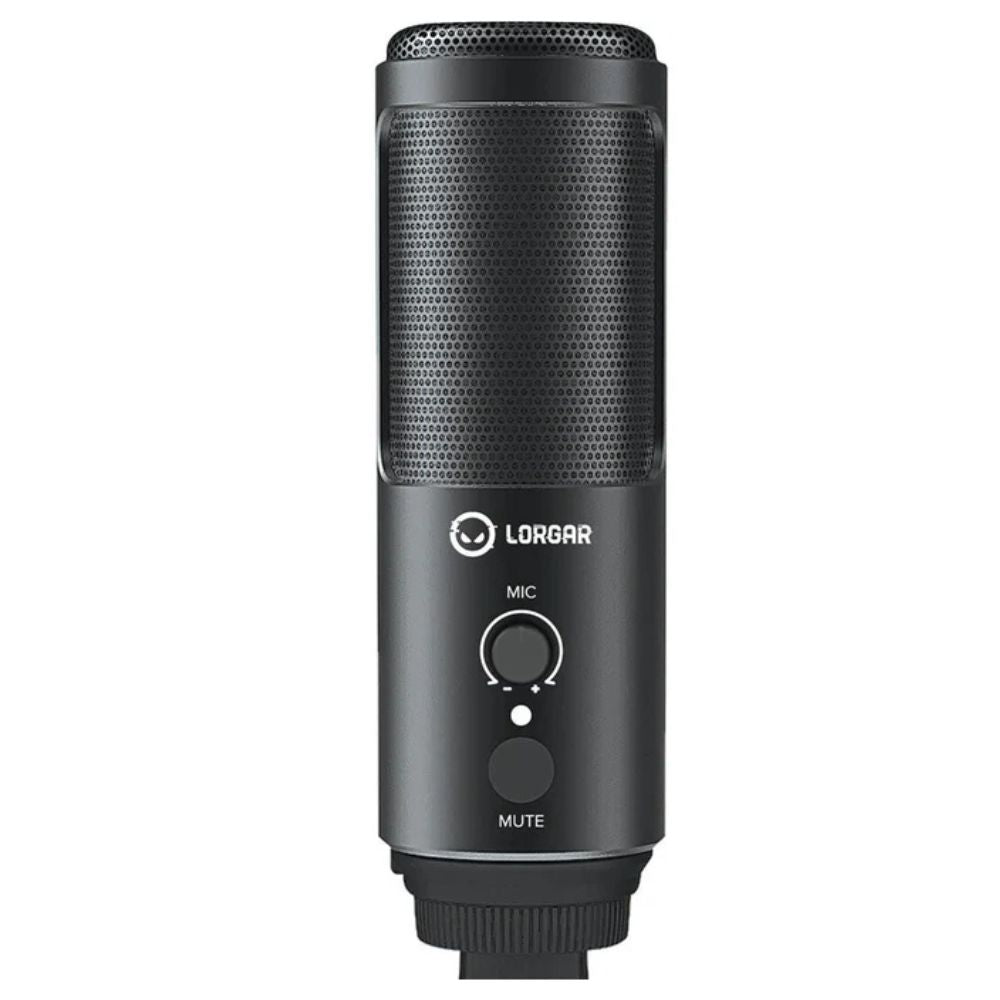 "Lorgar Voicer 521 USB condenser gaming microphone on tripod stand, black"