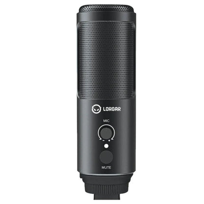 "Lorgar Voicer 521 USB condenser gaming microphone on tripod stand, black"