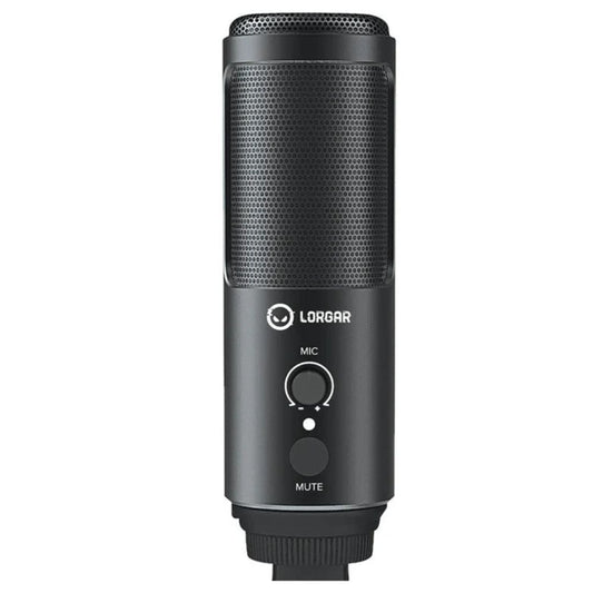 "Lorgar Voicer 521 USB condenser gaming microphone on tripod stand, black"
