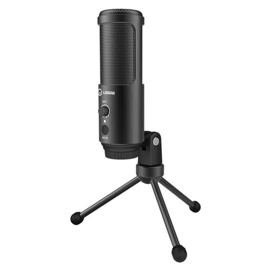 "Front view of Lorgar Voicer 521 mic showing dual dials and tap-to-mute surface"