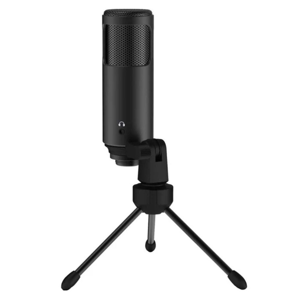 "Black Lorgar gaming mic with cardioid pattern and headphone jack on body"