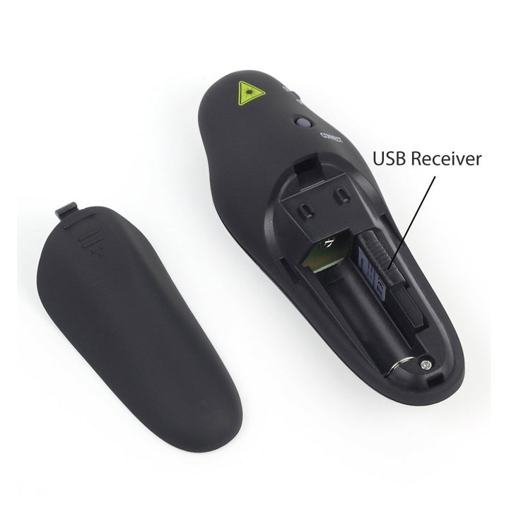 Black USB receiver with labeled parts on a white background