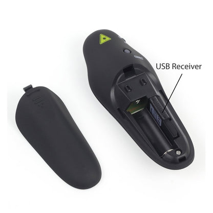 Black USB receiver with labeled parts on a white background