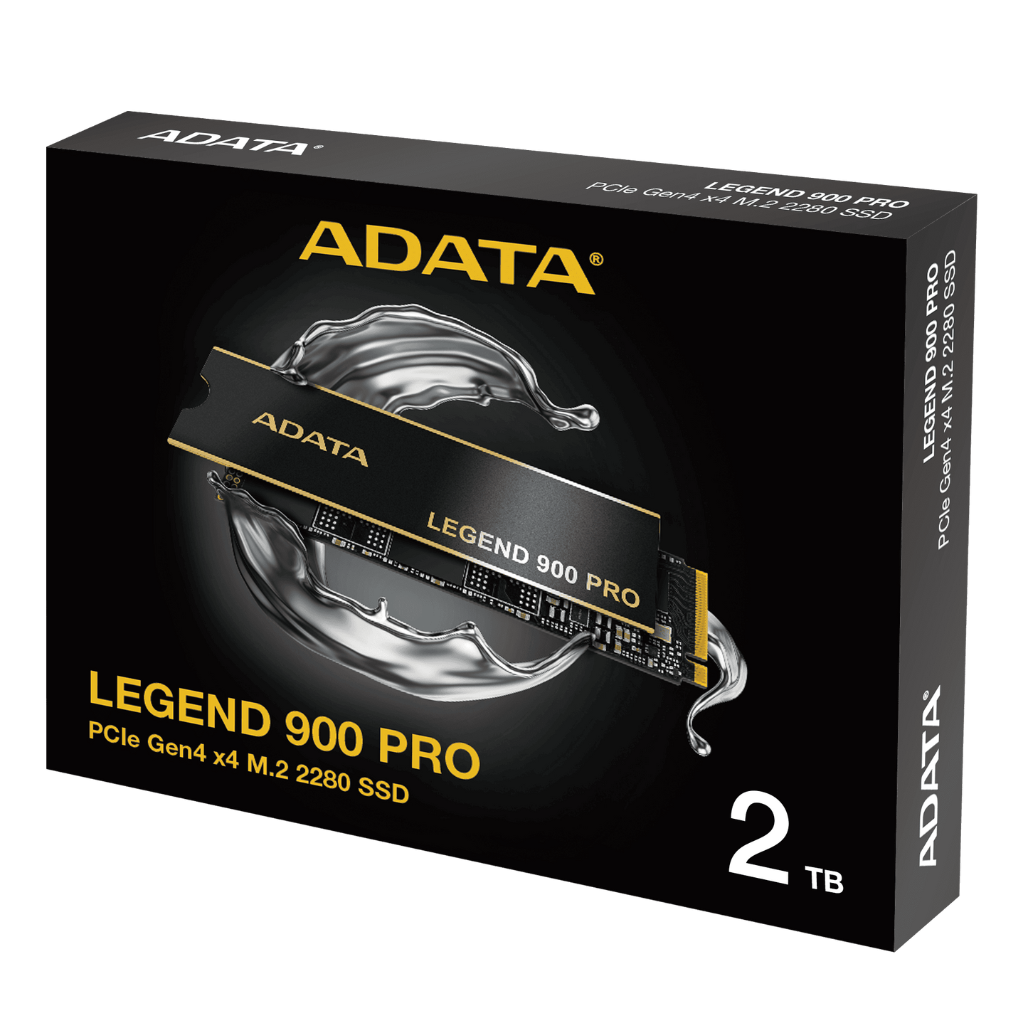 ADATA Legend 900 Pro 2TB M.2 SSD packaging on a black background