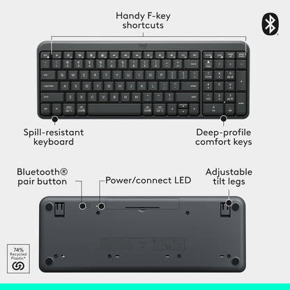 Black logitech K250 wireless keyboard with features labeled on a white background