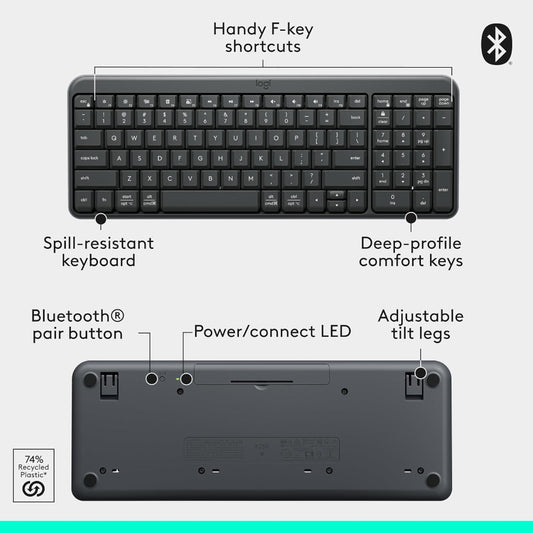 Black logitech K250 wireless keyboard with features labeled on a white background