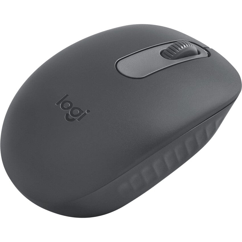 Side angled view of the Logitech M196 wireless bluetooth mouse showing the left and right click buttons and scroll wheel