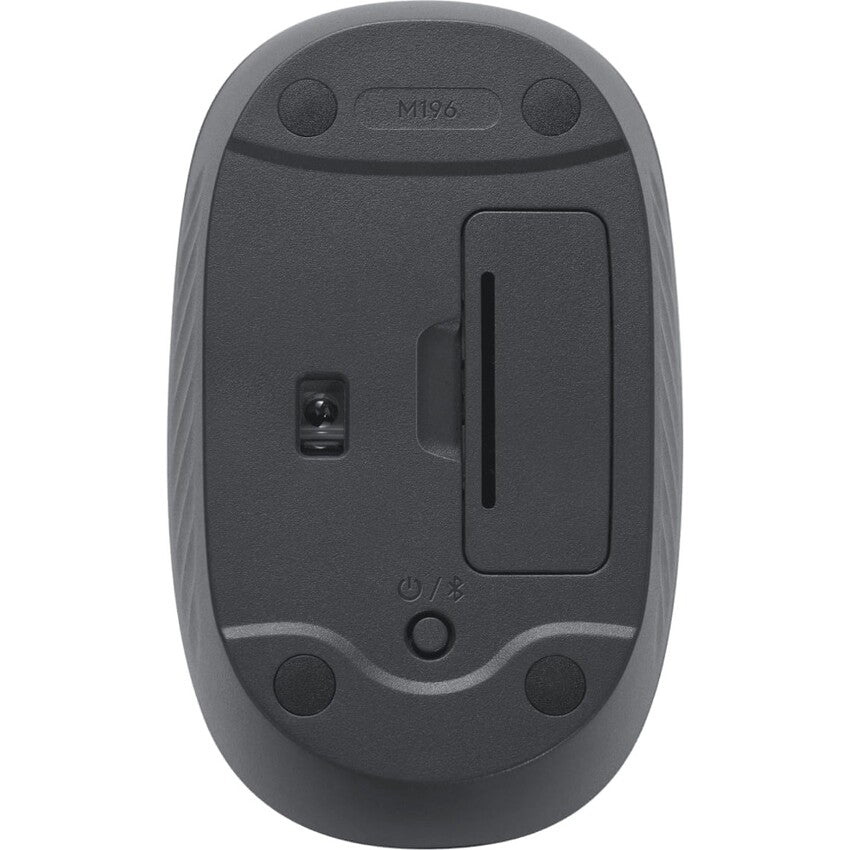 Rear view of the Logitech M196 bluetooth mouse showing the battery compartment, optical sensor and power / pairing button