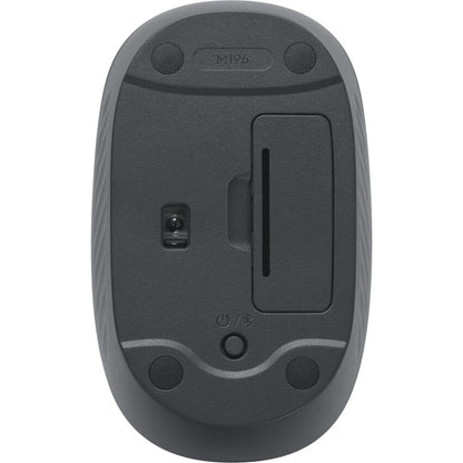 Rear view of the Logitech M196 bluetooth mouse showing the battery compartment, optical sensor and power / pairing button