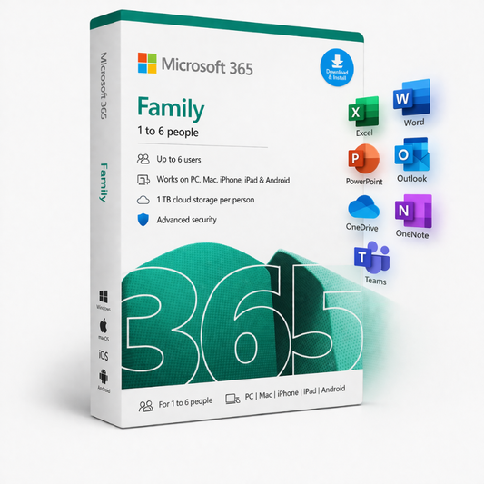 Microsoft 365 Family edition packaging with icons of Microsoft applications on a white background