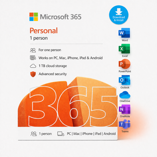 Microsoft 365 Personal software package with icons and features on a white background