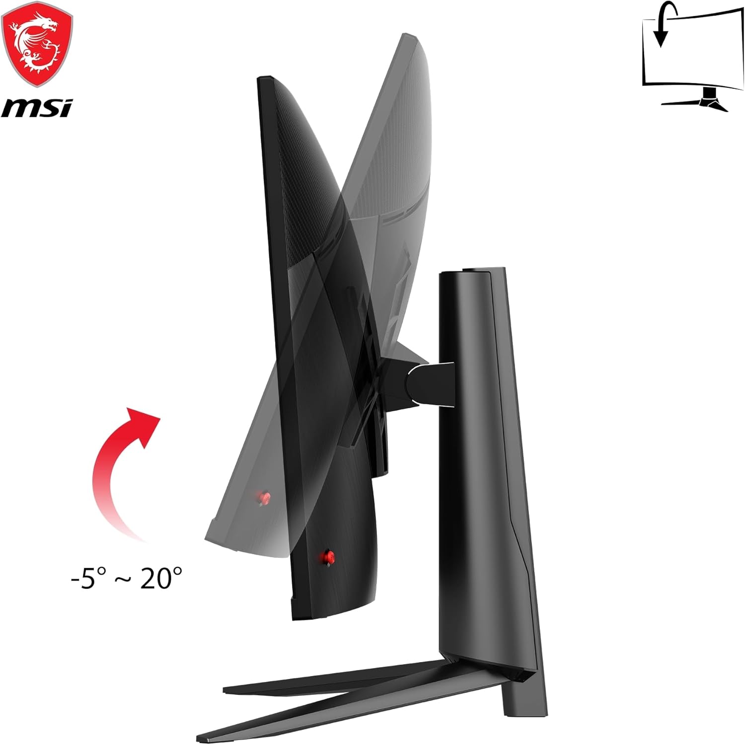The monitor tilted on its stand, showing the adjustment range.

