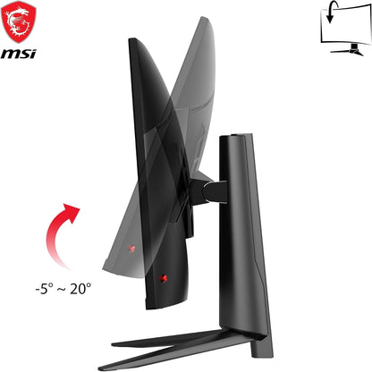 The monitor tilted on its stand, showing the adjustment range.

