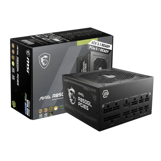 Front view of the MSI MAG A850GL PCIE5 power supply unit.

