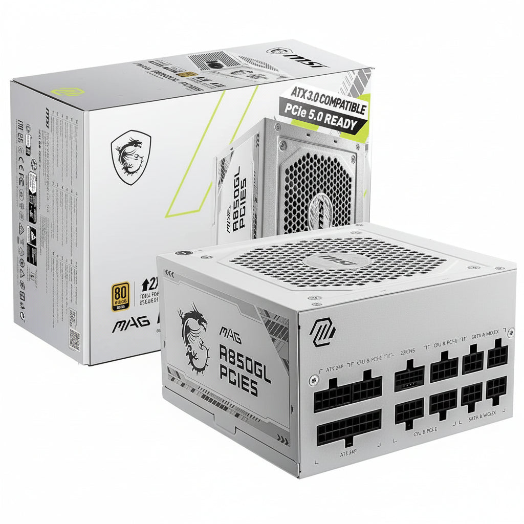 Front view of the white MSI MAG A850GL PCIE5 power supply unit.

