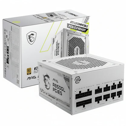 Front view of the white MSI MAG A850GL PCIE5 power supply unit.

