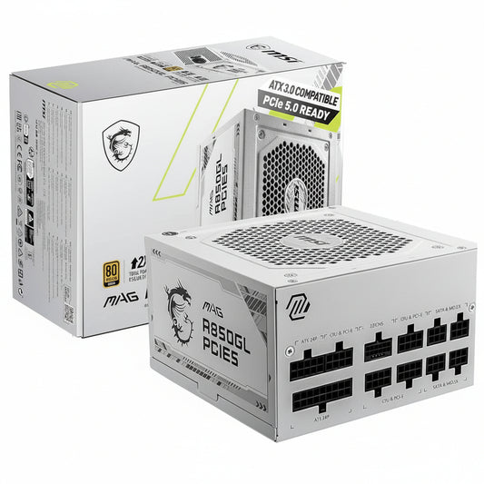 Front view of the white MSI MAG A850GL PCIE5 power supply unit.

