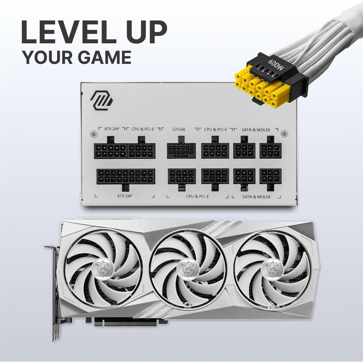 Close-up detail of the dedicated yellow-tipped 12VHPWR (16-pin) PCIe 5.0 cable.

