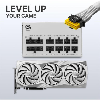 Close-up detail of the dedicated yellow-tipped 12VHPWR (16-pin) PCIe 5.0 cable.

