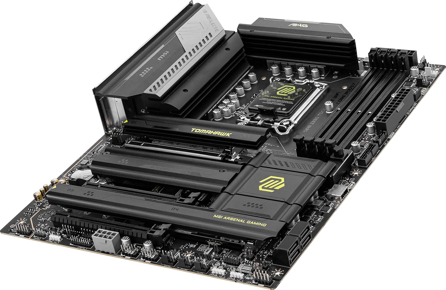 Close-up of the LGA 1851 CPU socket and surrounding VRM heatsinks.

