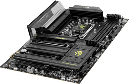 Close-up of the LGA 1851 CPU socket and surrounding VRM heatsinks.

