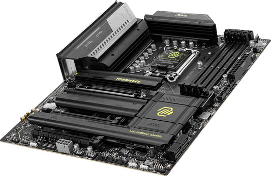 Close-up of the LGA 1851 CPU socket and surrounding VRM heatsinks.

