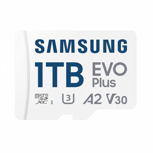 Samsung EVO Plus 1TB microSDXC card front view on white background.

