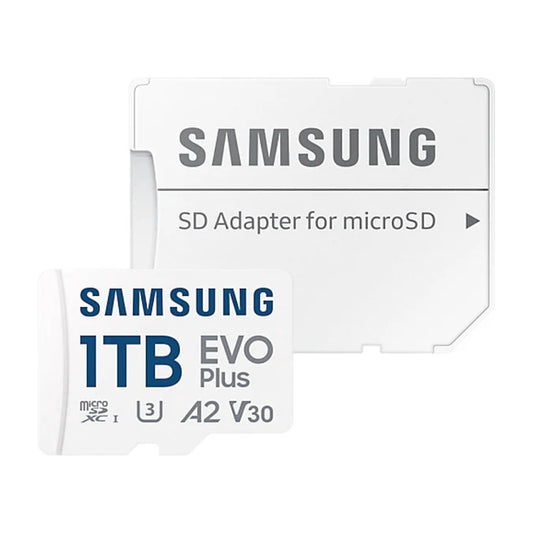 Samsung 1TB memory card next to a microSD adapter and case.


