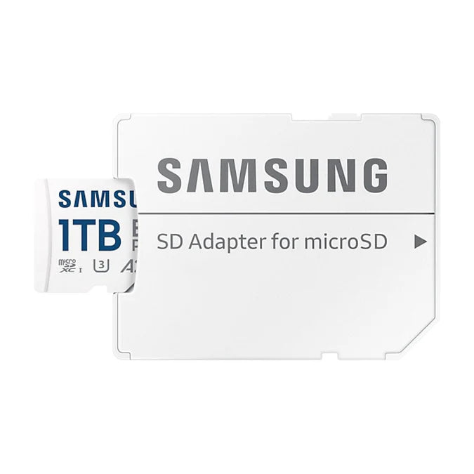 Close-up of Samsung EVO Plus microSDXC showing 1TB capacity label.

