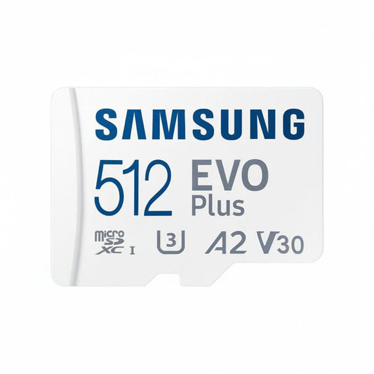 Samsung EVO Plus 512GB microSDXC card front view on white background.

