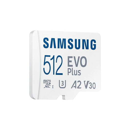 Samsung 512GB memory card with microSD adapter and protective case.

