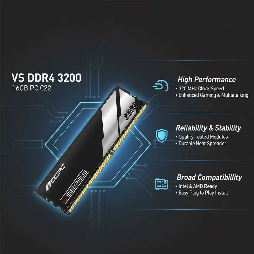 OCPC VS DDR4 3200MHz 16GB Desktop RAM Module CL22 Non-ECC UDIMM for Intel & AMD Systems