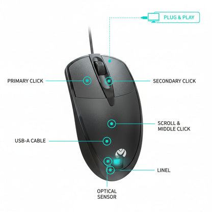 Mikuso MOS-371U USB Wired Optical Mouse 1200 DPI with 3 Buttons and Scroll Wheel