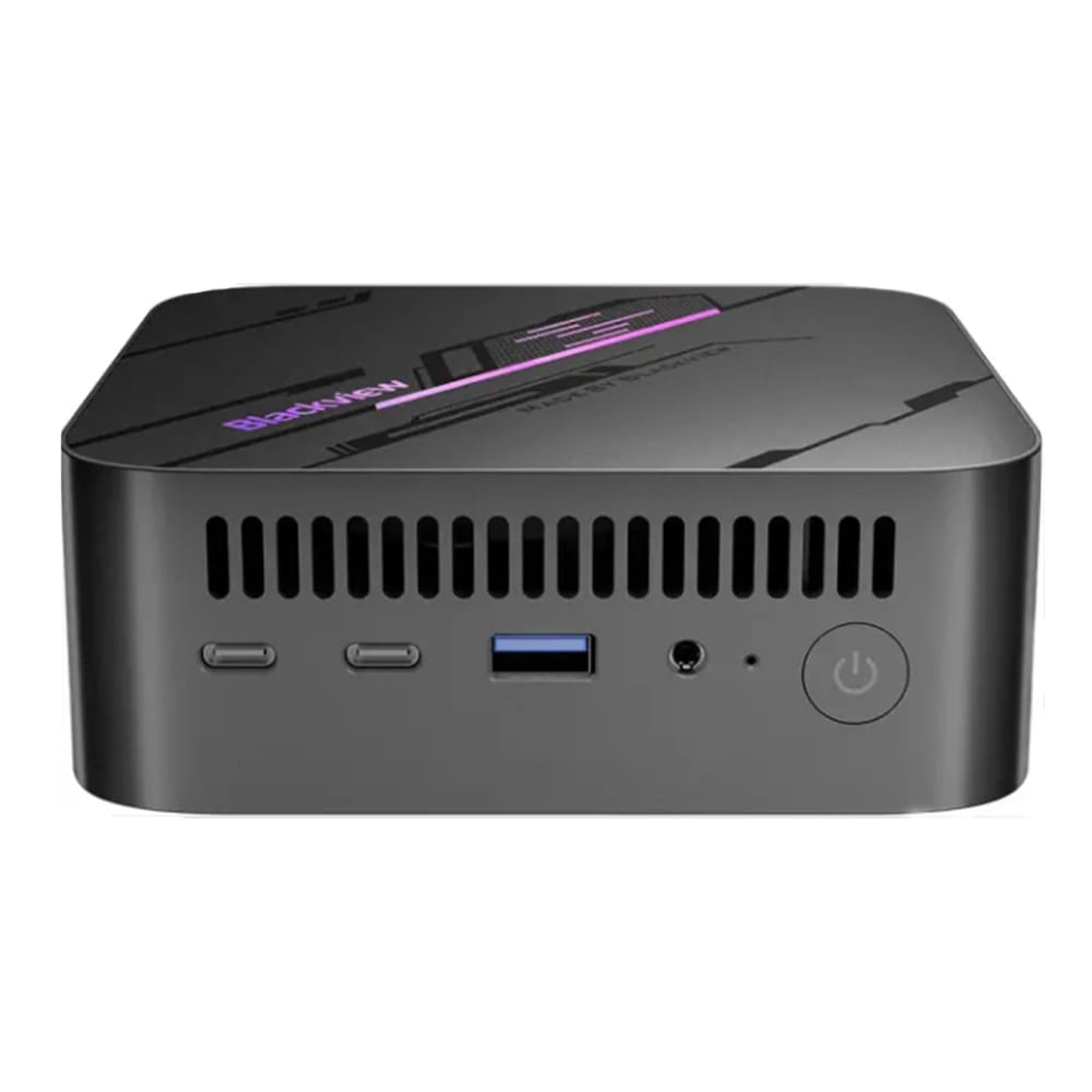 Front view of Blackview MP100-I3 Mini PC showing two USB-C ports, USB 3.0 port, audio jack, and power button.