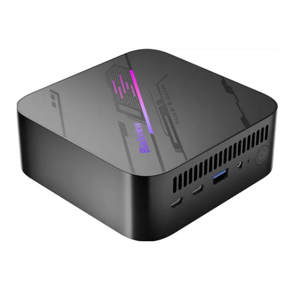Blackview MP100-I3 Mini PC with i3-1215U, 16GB RAM, 512GB SSD in a compact black chassis.