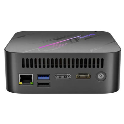 Rear view of Blackview MP100 Mini PC with Ethernet, USB 3.0, USB-C, HDMI ports, and power button.
