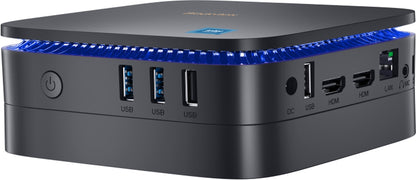 Blackview MP60-N150 Mini PC with 16GB RAM, 512GB SSD, quad-core Intel N150, Windows 11 Pro, blue LED ring.