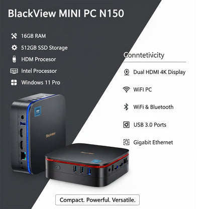 BlackView MINI PC N150 16GB RAM 512GB SSD Intel N150 Quad-Core Windows 11 Pro MP60-N150