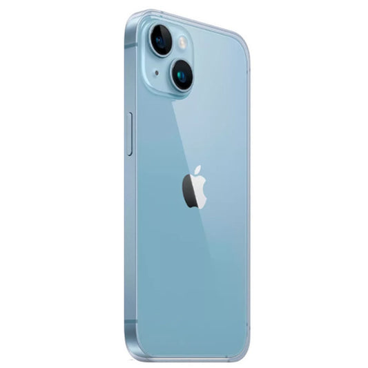 iPhone 14 Blue rear view showing dual 12MP camera system