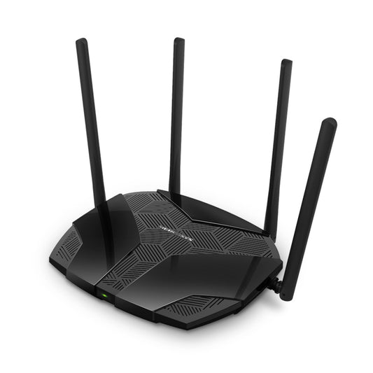 Angled view of the Mercusys MR70X AX1800 Dual-Band WiFi 6 Router showing four external antennas and sleek geometric black design for high-speed wireless connectivity.