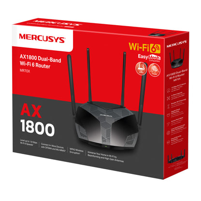 Retail packaging of the Mercusys MR70X AX1800 Dual-Band WiFi 6 Router showing product image, Wi-Fi 6 and EasyMesh compatibility, and key features like WPA3 security and high-speed 1.8 Gbps performance.